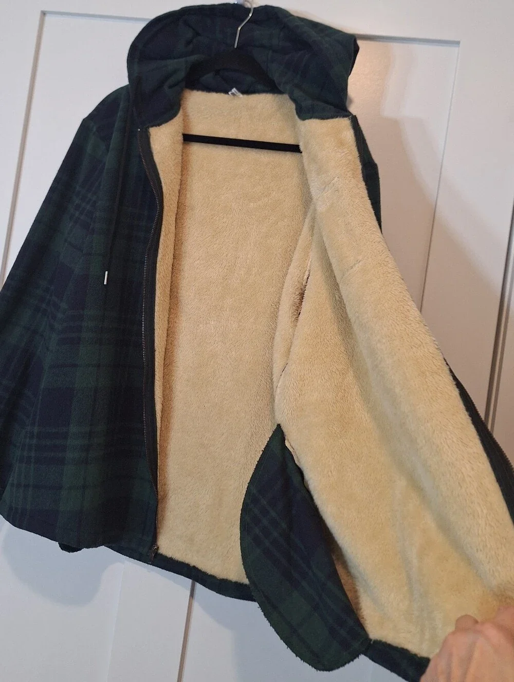 Coofandy Flannel Zip Up Hooded Jacket Sherpa Lined Green Navy Blue Plaid XL